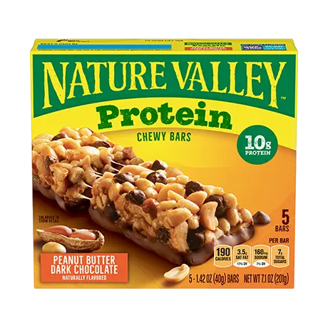 Nature Valley Peanut Butter Dark Chocolate Protein Chewy Bars, front of 5 bar box.
