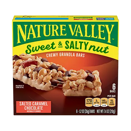 Nature Valley Salted Caramel Chocolate Sweet & Salty Granola Bars, front of 6 bar box.