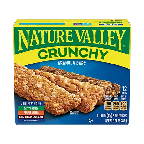 Variety Pack Crunchy Granola Bars, Oats 'N Honey, Peanut Butter, Oats 'N Dark Chocolate, front of 12 bar box.