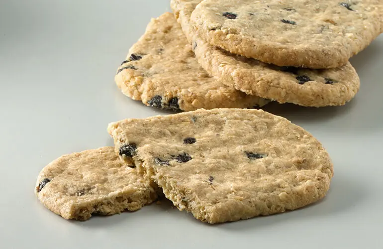 Close-up of Nature Valley Blueberry Biscuit broken in half with three more biscuits stacked in the background..
