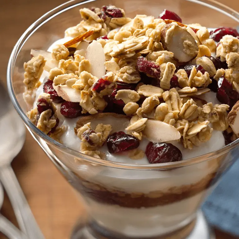 Yogurt parfait layered with Nature Valley Cranberry Almond Protein Granola, cranberry jam, and cranberries topped with sliced almonds.