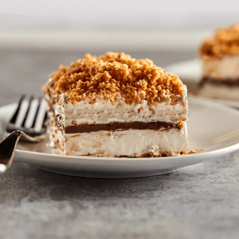 Layered s'mores cake with marshmallow fluff and chocolate topped with crumbled granola bars.