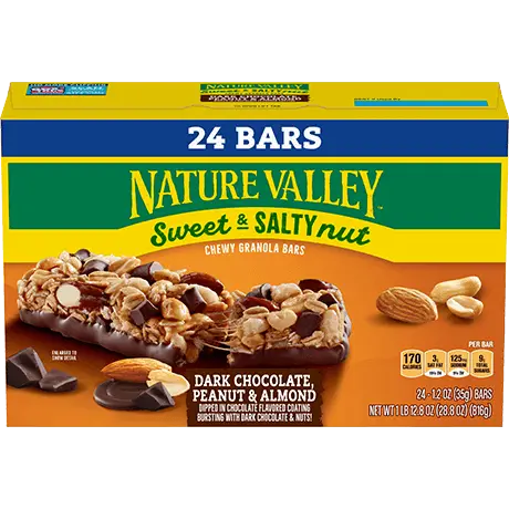 Nature Valley Dark Chocolate, Peanut & Almond Sweet & Salty Nut Chewy Granola Bars, front of 24 bar box.
