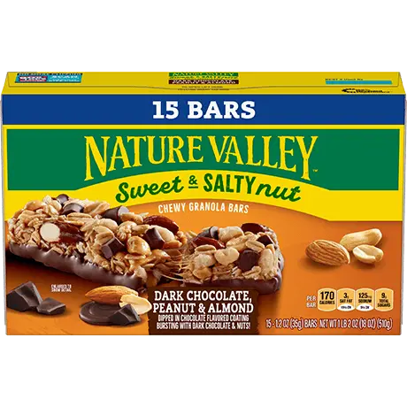 Nature Valley Sweet & Salty Nut Chewy Granola Bars, Dark Chocolate, Peanut & Almond, front of 15 bar box.