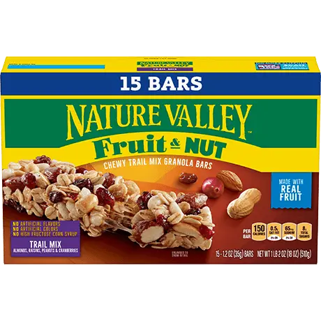 Nature Valley Trail Mix Fruit & Nut Bars, front of 15 bar box.