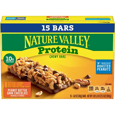 Nature Valley Peanut Butter Dark Chocolate Protein Chewy Bars, front of 15 bar box.
