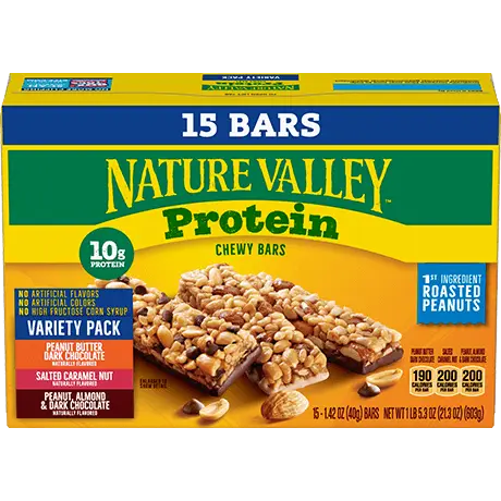 Nature Valley Peanut Butter, Dark Chocolate, Salted Caramel Nut, Almond & Protein Chewy Bars, front of 15 bar variety box.