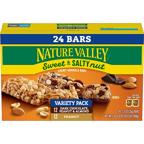 Nature Valley Sweet & Salty Nut Chewy Granola Bars, front of 24 bar variety box.