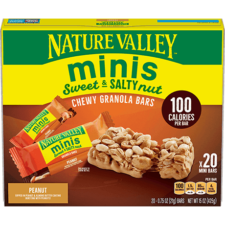 Nature Valley Peanut Minis Sweet & Salty Nut Chewy Granola Bars, front of 20 bar box.