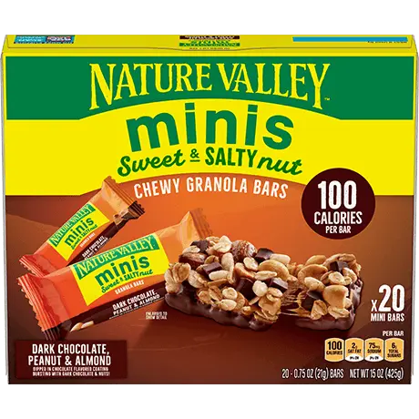 Nature Valley Dark Chocolate, Peanut & Almond Minis Sweet & Salty Nut Chewy Bars, front of 20 bar box.