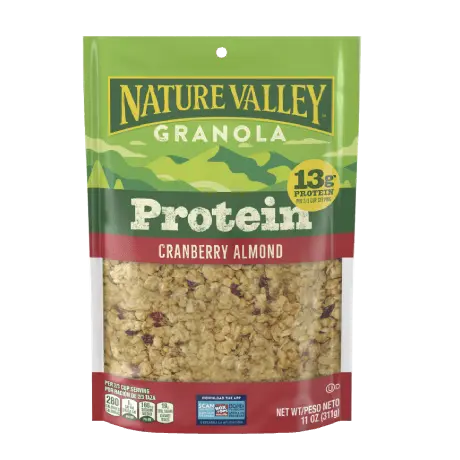 Nature Valley Protein Cranberry and Almond Granola, front of 11 oz. bag.