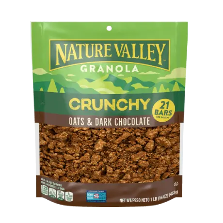 Nature Valley Crunchy Oats & Dark Chocolate Granola, front of 16 oz. bag.