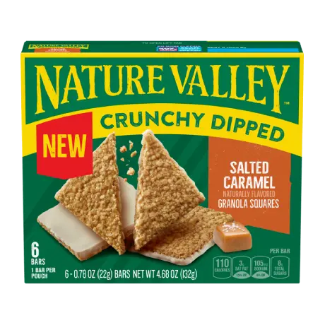 Nature Valley Salted Caramel Crunchy Dipped Granola Squares, front of 6 bar box.