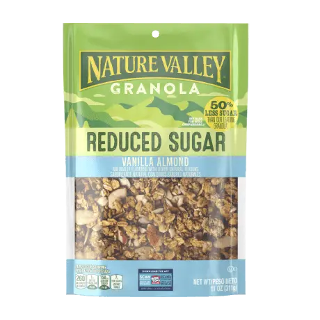 Nature Valley Reduced Sugar Vanilla Almond Granola, front of 11 oz. bag.