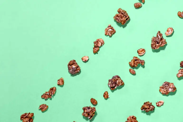 A green background with scattered granola