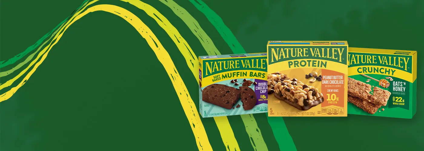 Illustrated graphic showing boxes of Nature Valley Protein Peanut Butter & Dark Chocolate, Crunchy Oats & Honey and Soft Baked Muffin Double Chocolate Chip, front of 12 bar boxes.