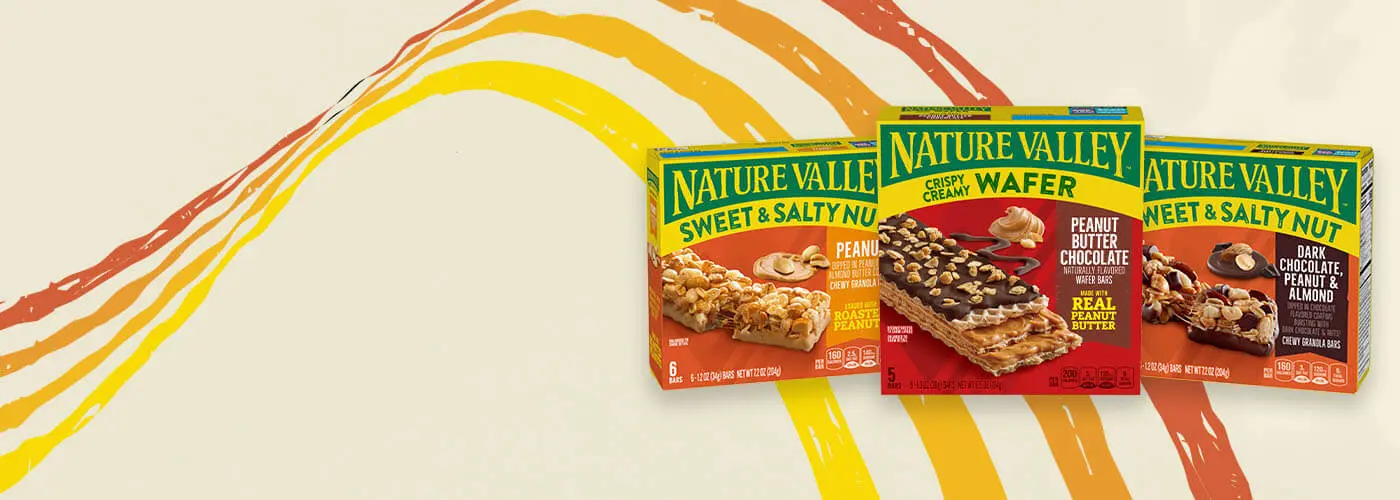 Illustrated graphic showing boxes of Nature Valley Sweet & Salty Peanut Butter, Wafer Peanut Butter Chocolate and Sweet & Salty Dark Chocolate, Peanut & Almond, front of 12 bar boxes.