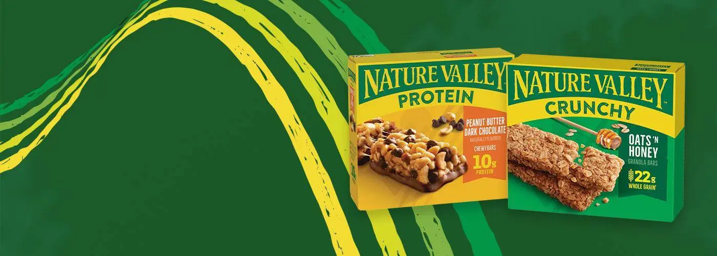 Illustrated graphic showing honey jar dipper, bar crumbles, and a box of Nature Valley Oats 'N Honey Crunchy Granola Bars & Peanut Butter Dark Chocolate Protein Bars, front of 12 bar boxes.