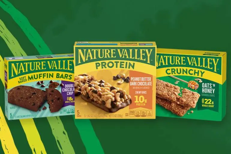 Illustrated graphic showing boxes of Nature Valley Protein Peanut Butter & Dark Chocolate, Crunchy Oats & Honey and Soft Baked Muffin Double Chocolate Chip, front of 12 bar boxes.