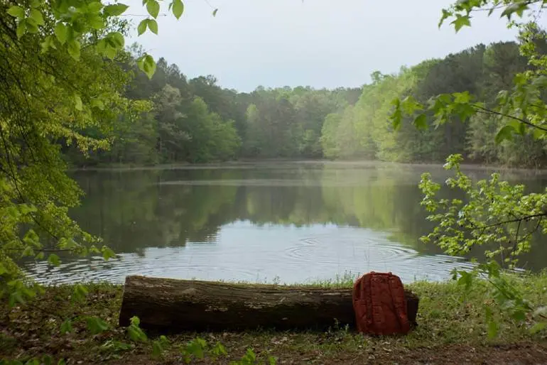A scenic view of a tranquil lake surrounded by lush green trees. A fallen log and a red backpack sit at the waters edge