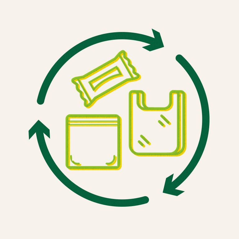 Plastic items shown within a circle of arrows, indicating that the items can be recycled.